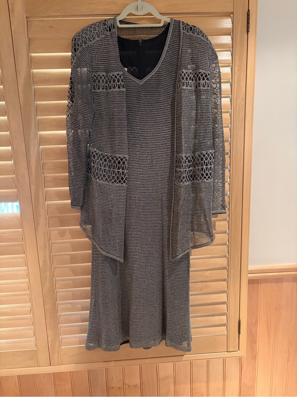 Knit V-Neck Midi Dress with Openwork Cardigan - Grey